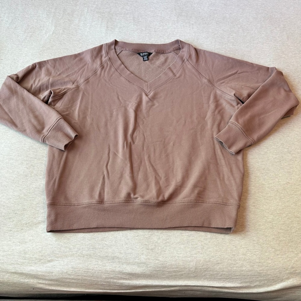 Buffalo David Bitton Womens Mauve V-Neck Raglan Fleece Sweatshirt Small 1902104
